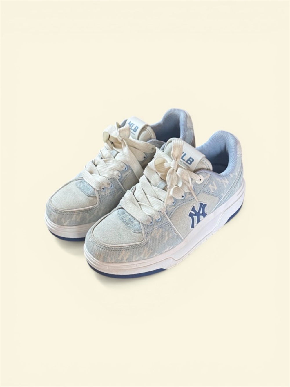 MLB Chunky Liner Mid Denim Classic Monogram Sneakers Shoes 3ASXCDC4N Blue White